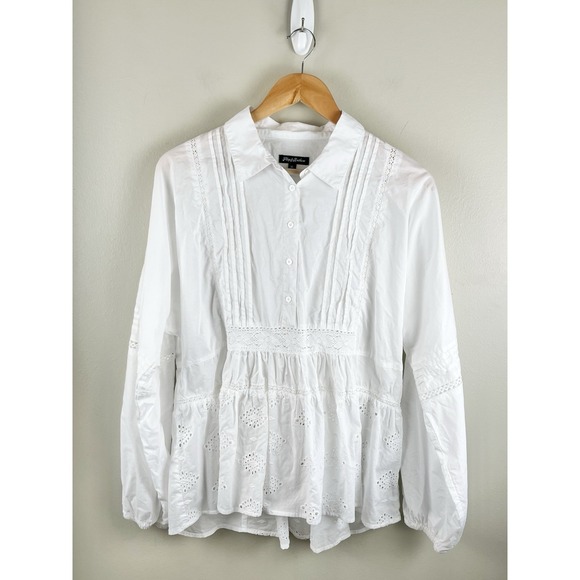 Flag & Anthem Tops - Flag & Anthem Long Sleeve Button Front Eyelet Crochet Lace Pintuck Top White XL